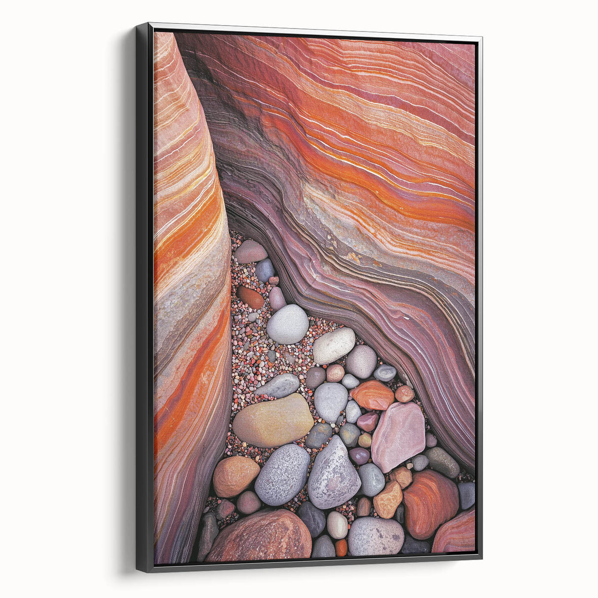 Framed canvas artwork depicting a stunning desert landscape with vibrant colors and intricate details, showcasing a black frame from a side perspective.