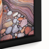 Close-up of a framed canvas artwork depicting a vibrant desert landscape, showcasing warm hues of orange and yellow with intricate details of cacti and distant mountains. Perfect for desert-themed home decor.