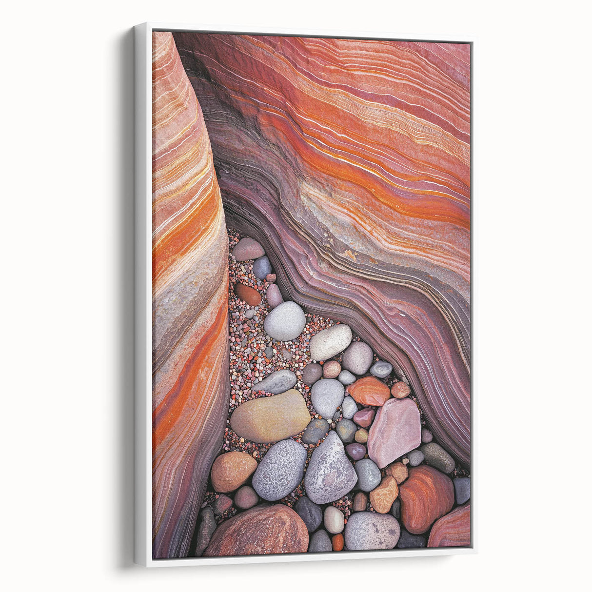 Framed canvas artwork showcasing a vibrant desert landscape with warm hues of orange and gold, presented in a sleek white frame, ideal for modern home decor.