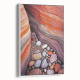 Framed canvas artwork showcasing a vibrant desert landscape with warm hues of orange and gold, presented in a sleek white frame, ideal for modern home decor.