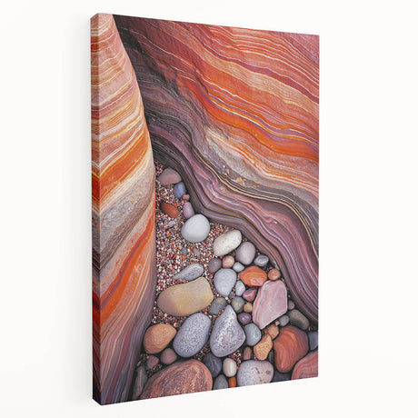 Stretched canvas artwork depicting a serene desert landscape with warm colors, showcasing rolling dunes and a vibrant sunset, perfect for home decor.