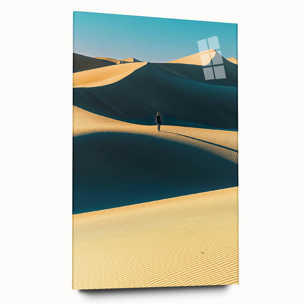 Acrylic glass artwork showcasing serene sand dunes with gentle waves, highlighting soft beige and golden tones, perfect for modern decor and landscape enthusiasts.