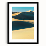 Framed landscape art print showcasing serene sand dunes in warm tones, presented with a black mat and frame, ideal for modern home decor.
