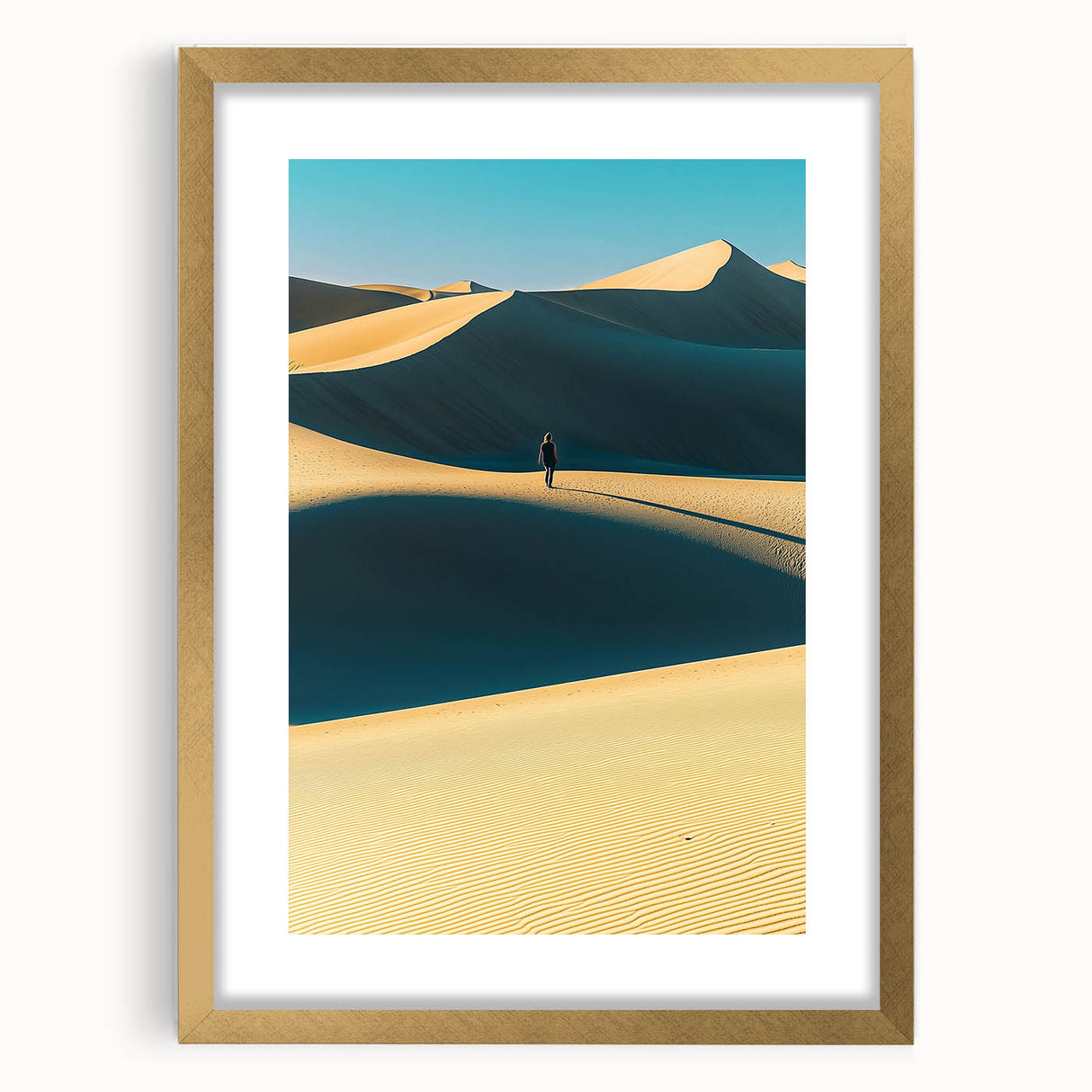 Framed landscape art print showcasing serene sand dunes under a golden sky, elegantly matted and designed to enhance home decor, perfect for nature lovers.
