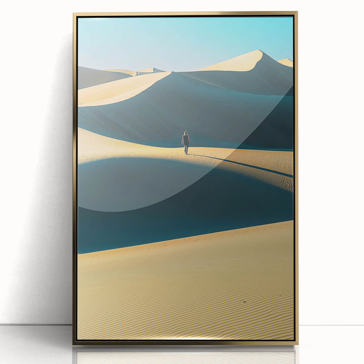 Framed acrylic artwork showcasing golden sand dunes under a vibrant sunset, perfect for modern home decor. Ideal for adding warmth and elegance to any space.