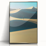 Framed acrylic artwork depicting serene sand dunes, showcasing soft beige and golden tones, elegantly displayed in a silver frame for modern home decor.