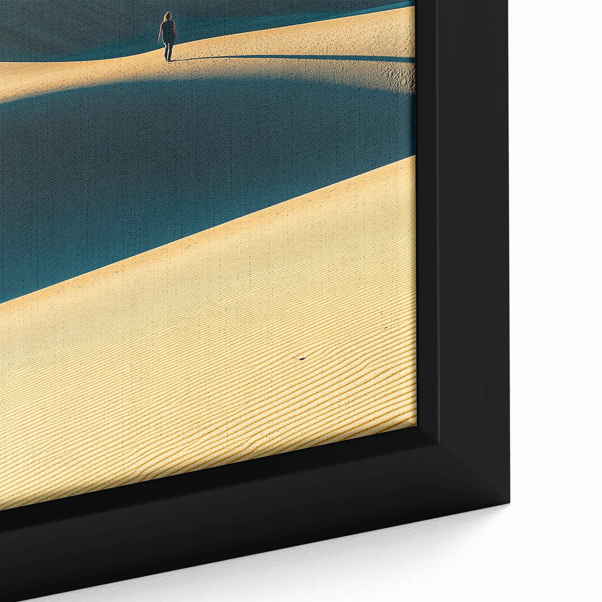 Close-up of a framed canvas print depicting serene sand dunes with subtle color gradients, enhancing a modern interior décor aesthetic. Ideal for nature-inspired spaces.