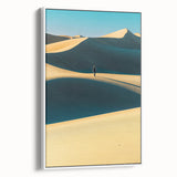 Framed canvas artwork showcasing serene desert dunes in warm tones, displayed from a side view against a neutral background, ideal for modern home decor.
