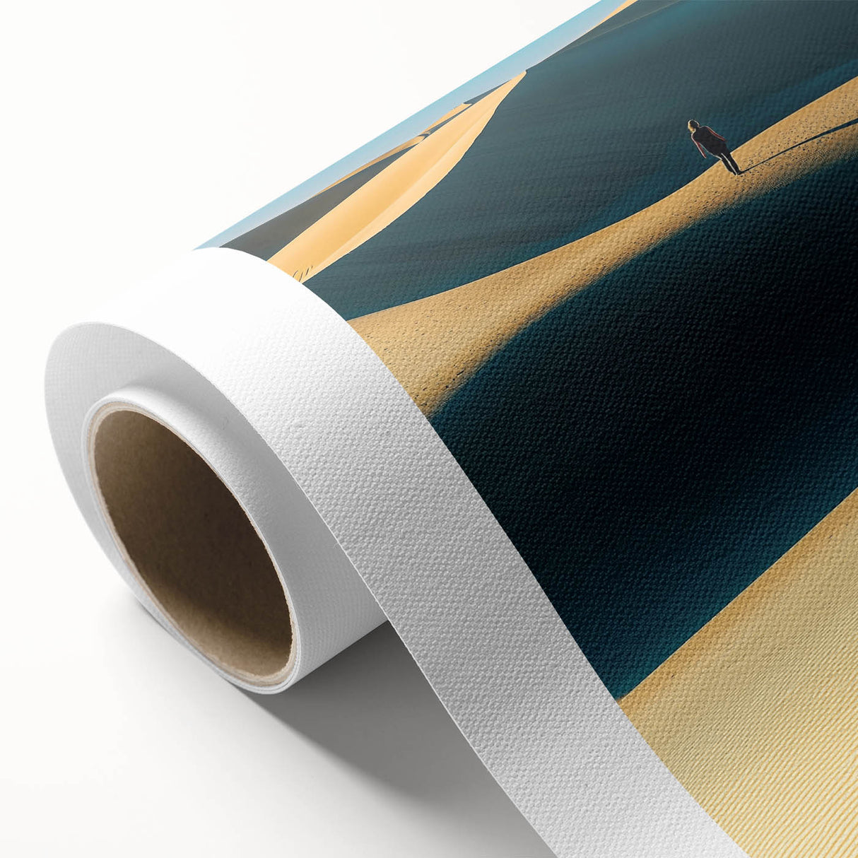 Rolled canvas art depicting vibrant desert dunes at sunset, showcasing warm orange and yellow hues, ideal for home decor or office aesthetics.