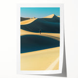 Landscape print showcasing rolling sand dunes under a vibrant sunset, emphasizing warm golden and orange hues, rolled and ready for framing or display.