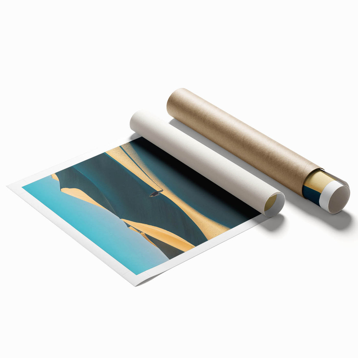 A rolled landscape canvas print showcasing serene sand dunes at sunset, featuring warm golden and orange hues, elegantly packaged in a protective cardboard tube.