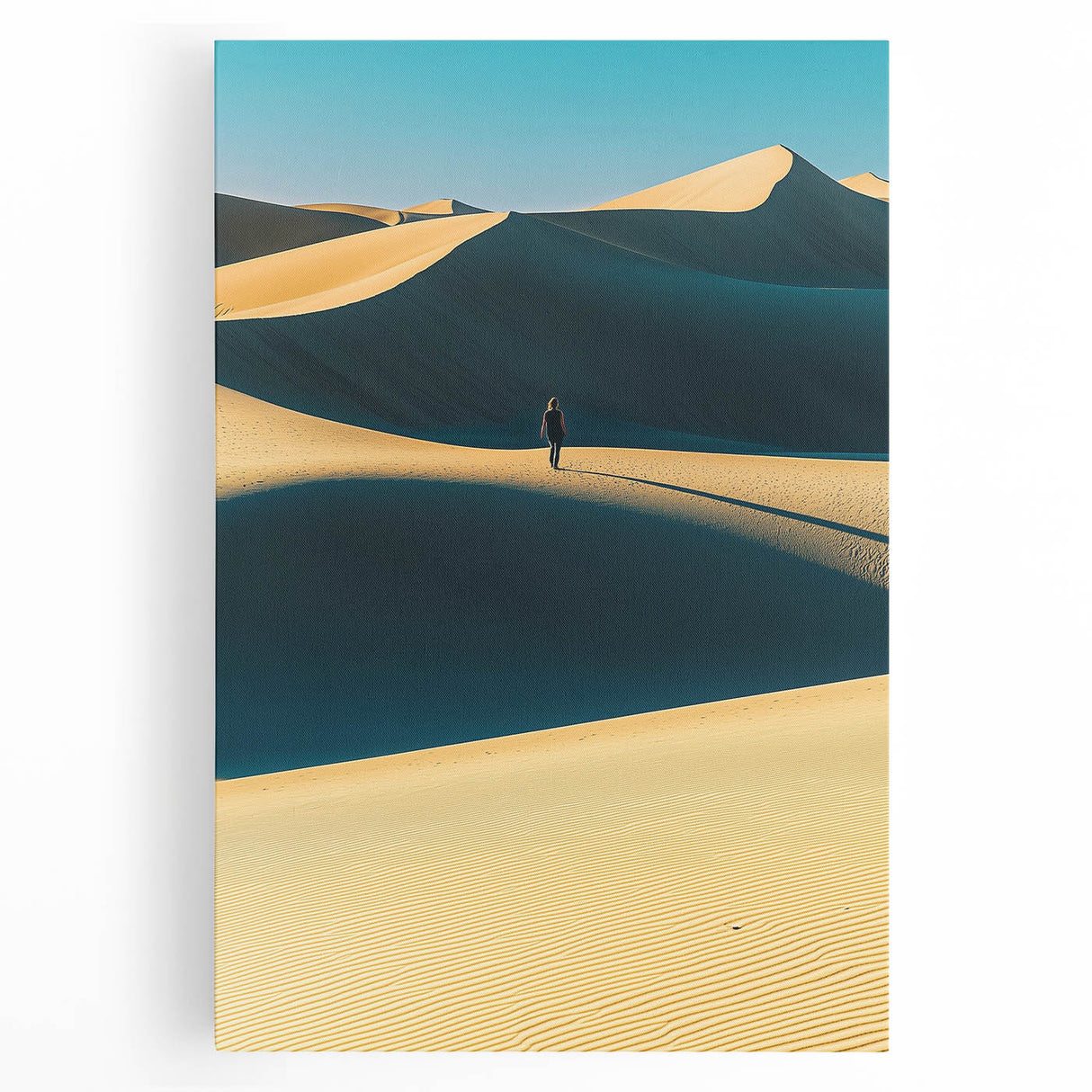 Stretched canvas artwork depicting serene desert dunes under a vibrant sunset, showcasing rich golden and orange hues that evoke tranquility and warmth. Perfect for modern home decor.