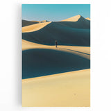 Stretched canvas artwork depicting serene desert dunes under a vibrant sunset, showcasing rich golden and orange hues that evoke tranquility and warmth. Perfect for modern home decor.