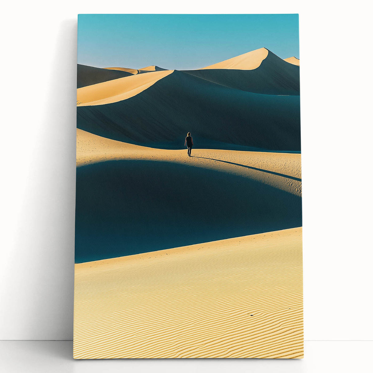 Textured stretched canvas artwork depicting serene sand dunes under a vibrant sunset, showcasing warm hues of orange and gold, perfect for enhancing modern home decor.