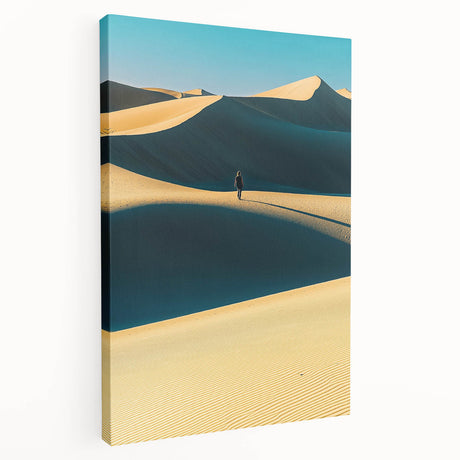 Stretched canvas artwork depicting serene sand dunes in a warm sunset palette, showcasing soft textures and gentle curves, ideal for home decor enhancement.