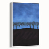 Framed canvas artwork showcasing vibrant landscapes with lush green fields, designed to enhance home decor. The piece features a sleek white frame and a side view perspective, perfect for adding a touch of nature to any room.