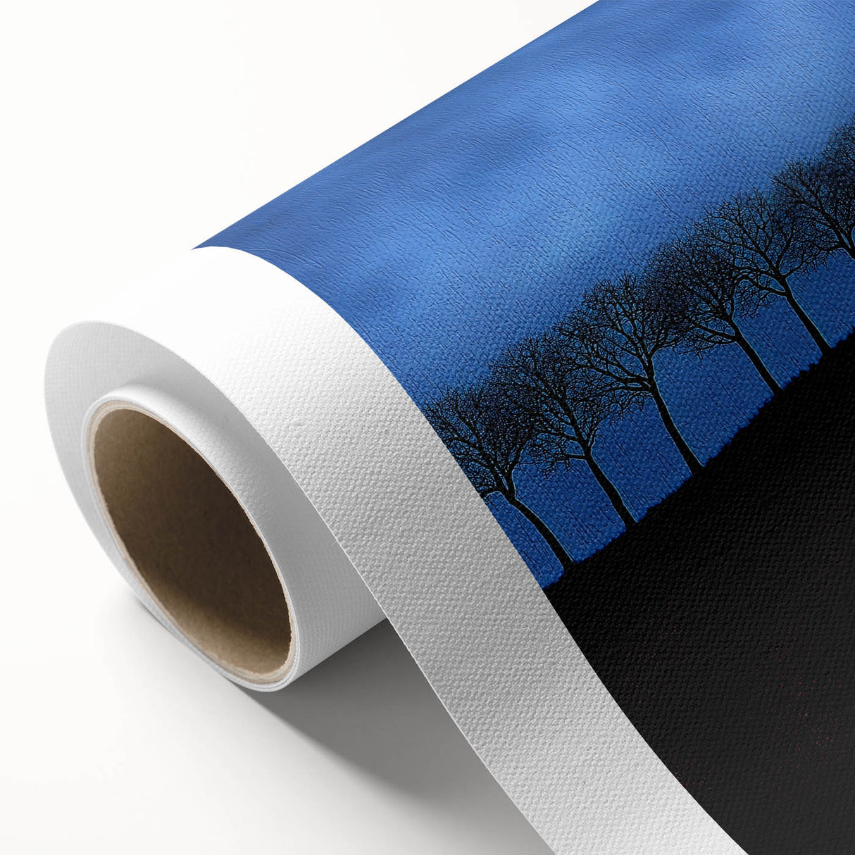 Rolled canvas artwork showcasing vibrant landscapes with rich green fields and a serene blue sky, elegantly packaged in a protective cardboard tube for safe delivery.