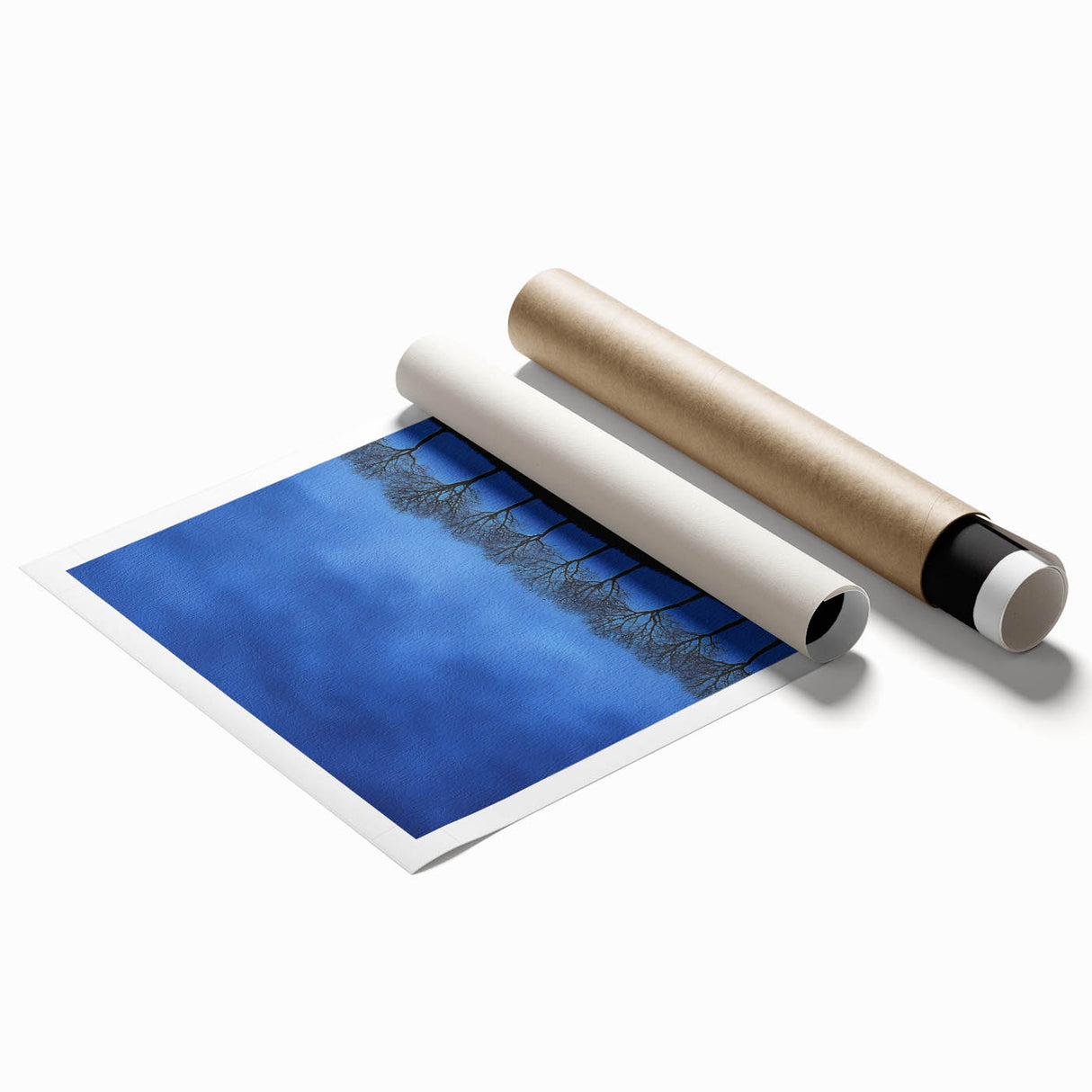 Vibrant landscape print showcasing rolling green fields under a bright blue sky, rolled and packaged in a protective cardboard tube, ideal for home decor.