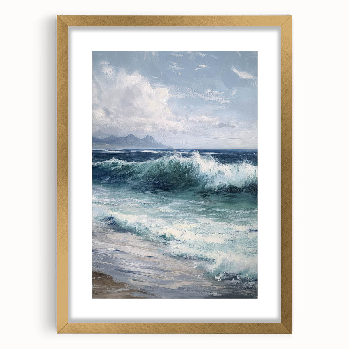 Elegant gold-framed landscape artwork with a mat, showcasing serene nature scenes. Ideal for enhancing home decor, adding sophistication and warmth.