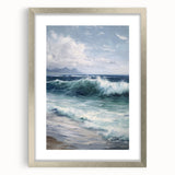Silver-framed landscape artwork with a white mat, showcasing a serene nature scene. The frame's sleek design enhances the overall aesthetic for home décor.