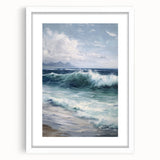White-framed landscape artwork with a mat, showcasing serene natural scenery in a front view. Ideal for home decor, emphasizing tranquility and elegance.