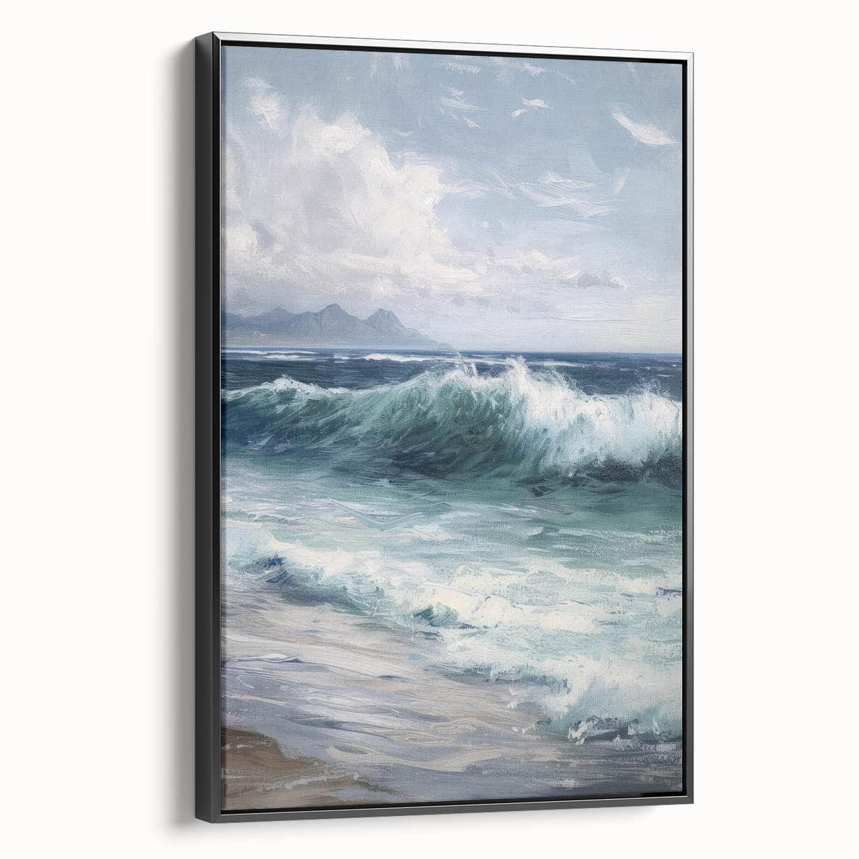 Framed canvas artwork showcasing a vibrant landscape design with a black frame, viewed from the side, perfect for enhancing modern decor and interior design aesthetics.