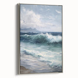 Framed canvas artwork showcasing a serene landscape with vibrant colors, presented in a sleek silver frame, ideal for enhancing home decor and interior aesthetics.