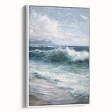 Framed canvas artwork showcasing a serene landscape in soft pastel colors, featuring a white frame and a side view perspective that highlights its sleek design and texture. Perfect for home decor, this piece adds a tranquil touch to any room.