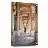 Large abstract wall art depicting a serene Indian landscape in muted earth tones on acrylic glass.