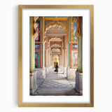 Extra large framed abstract art print depicting a textured scenery of India in gold and earth tones.
