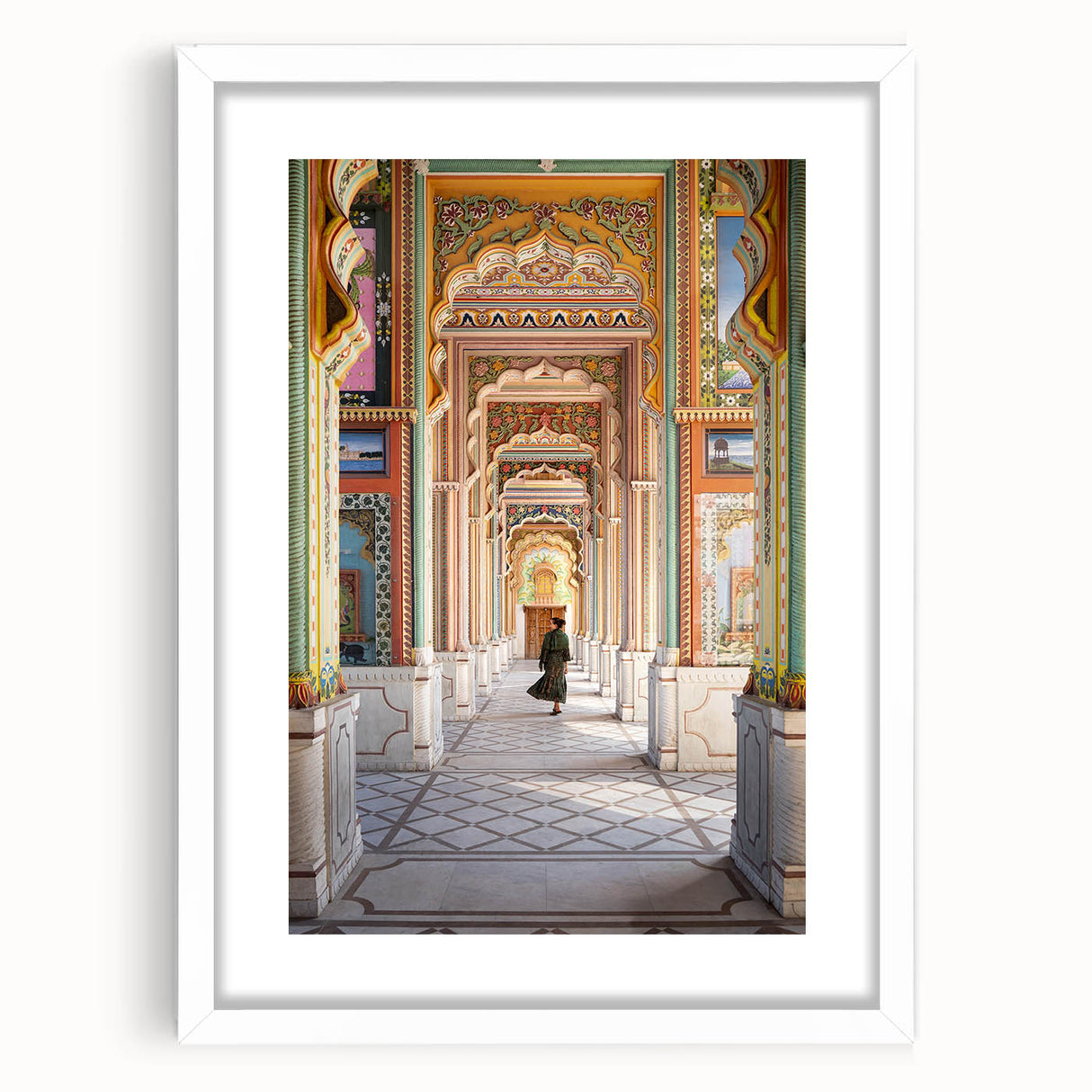Abstract art print featuring a stylized Indian landscape in muted earth tones, framed with a white mat.