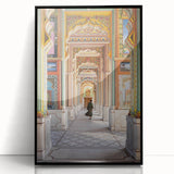 Large abstract wall art depicting a stylized Indian landscape in muted earth tones, acrylic print in a black frame.