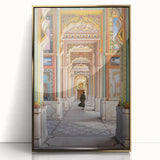 Large acrylic print of a mid-century modernist Indian scenery in gold tones, suitable for modern art wall decor.