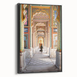 Black and white framed canvas featuring a vintage landscape painting of an Indian scenery, ideal for bedroom wall decor.