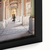 Extra large framed canvas featuring a textured scenery of an Indian landscape in black with colorful accents.