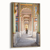 Framed canvas depicting a vintage-style Indian landscape in muted gold and black tones, ideal for bedroom wall art.