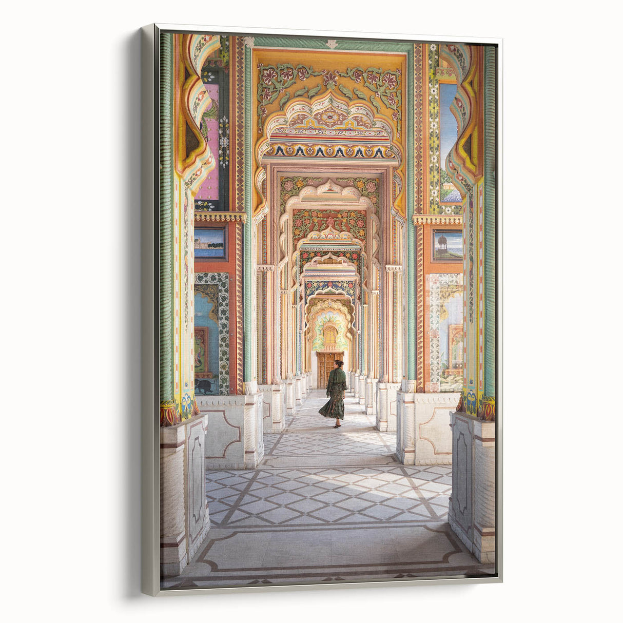 Framed canvas landscape art painting featuring a colorful Indian scenery in vintage poster style.