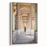 Vintage poster art of an Indian landscape on a framed canvas.