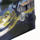 Large abstract wall art featuring a mid-century modernist scene of Albania in muted earth tones on acrylic glass.
