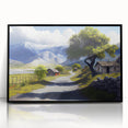 Large abstract wall art featuring a European Albanian scenery in muted earth tones on a black framed acrylic.
