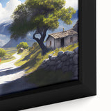 Extra large framed canvas featuring a textured, colorful Albanian landscape in black with vibrant hues.
