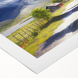 Art deco poster featuring a serene Albanian landscape on rolled canvas, suitable for dining room decor.