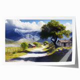 Extra large rolled print of a European Albanian landscape with vibrant greenery and floral elements.