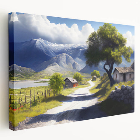 Side view of a stretched canvas featuring a European Albanian landscape in muted earth tones, suitable for kitchen wall art.
