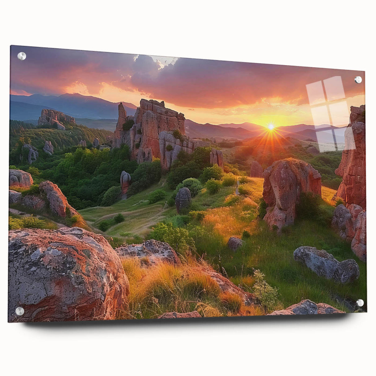 Acrylic print of a Bulgarian landscape in muted earth tones, ideal for dining room decor.