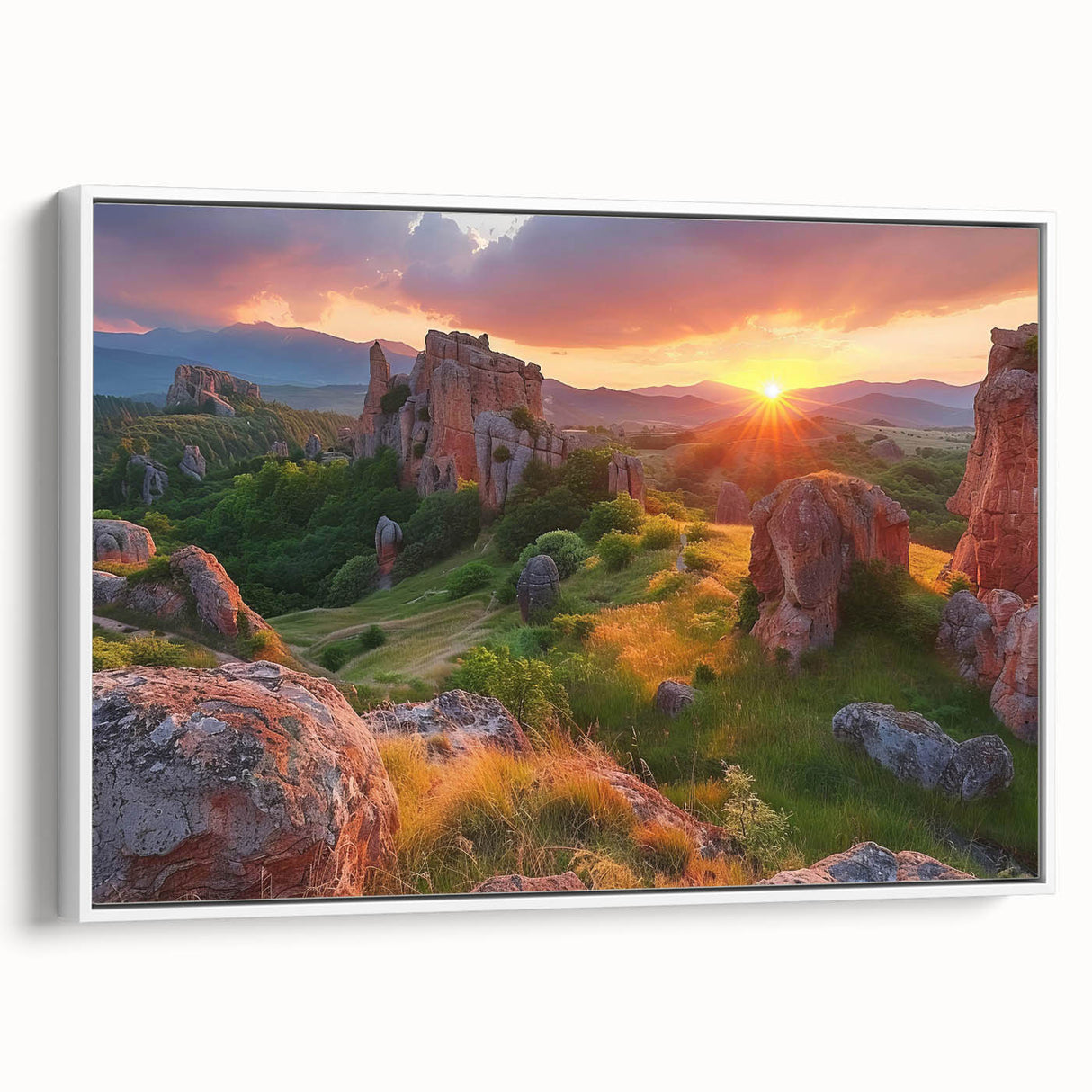 Vintage poster art of a European Bulgarian scenery in vibrant colors on extra large framed canvas.