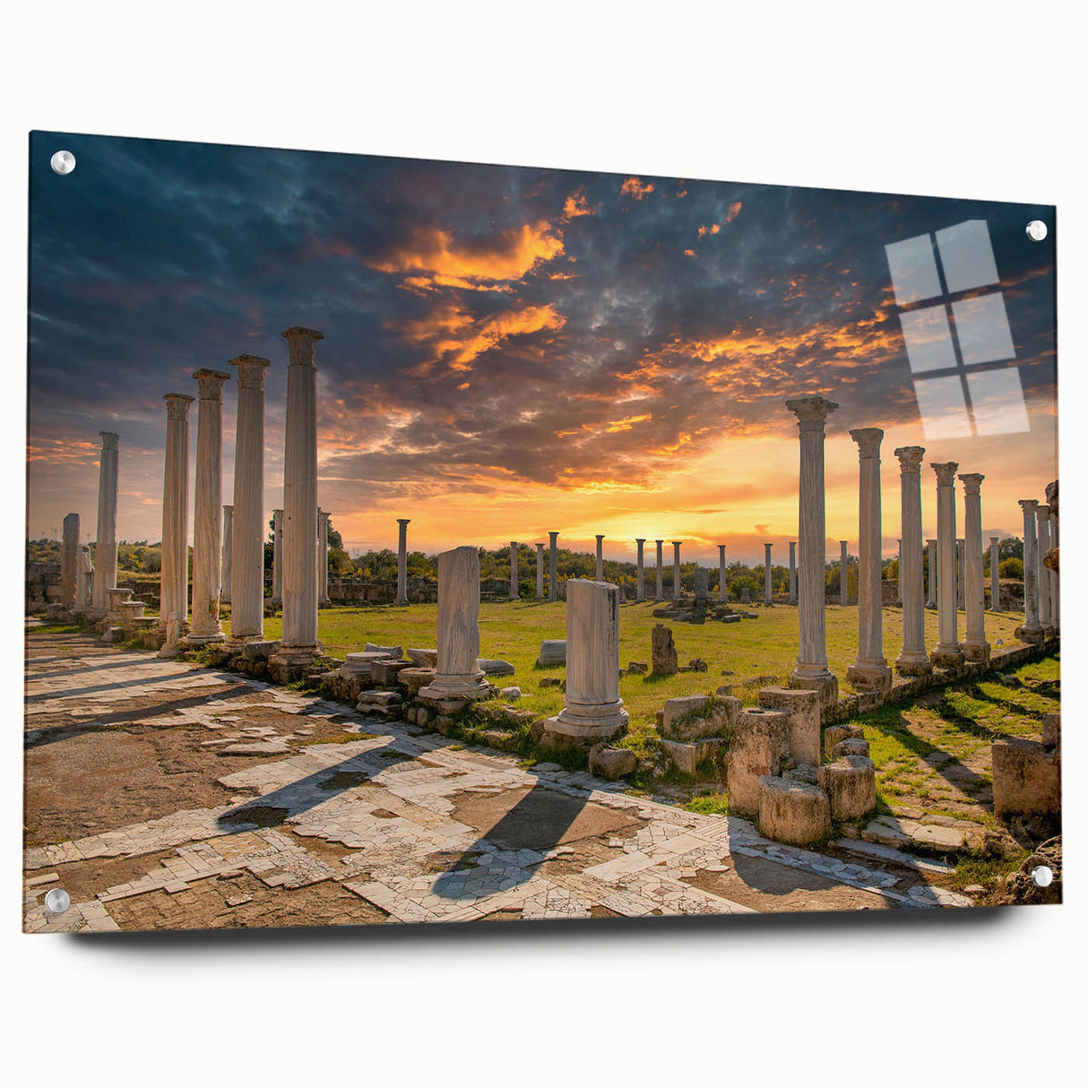 Large abstract wall art of a European Cyprus landscape on acrylic glass, ideal for bedroom or dining room decor.