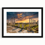 Extra large abstract art print of colorful, textured European scenery on a black framed canvas, ideal for living room decor.