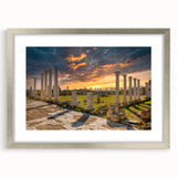 Extra large abstract art print depicting a textured European Cyprus scenery in muted earth tones, framed in silver.