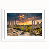 Textured abstract art print of a European Cyprus landscape in muted earth tones, framed in white, ideal for bedroom decor.